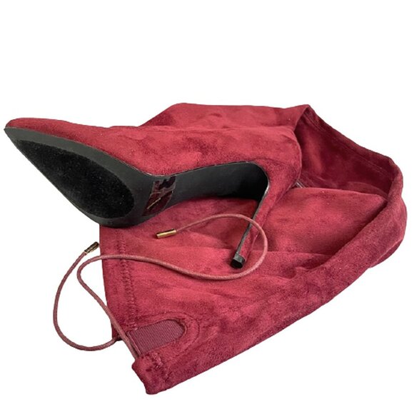 Statement Style Pointed Toe Thigh-High Silhouette Wine Red Stiletto Suede Boots - Picture 5 of 7
